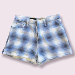 Plaid denim shorts